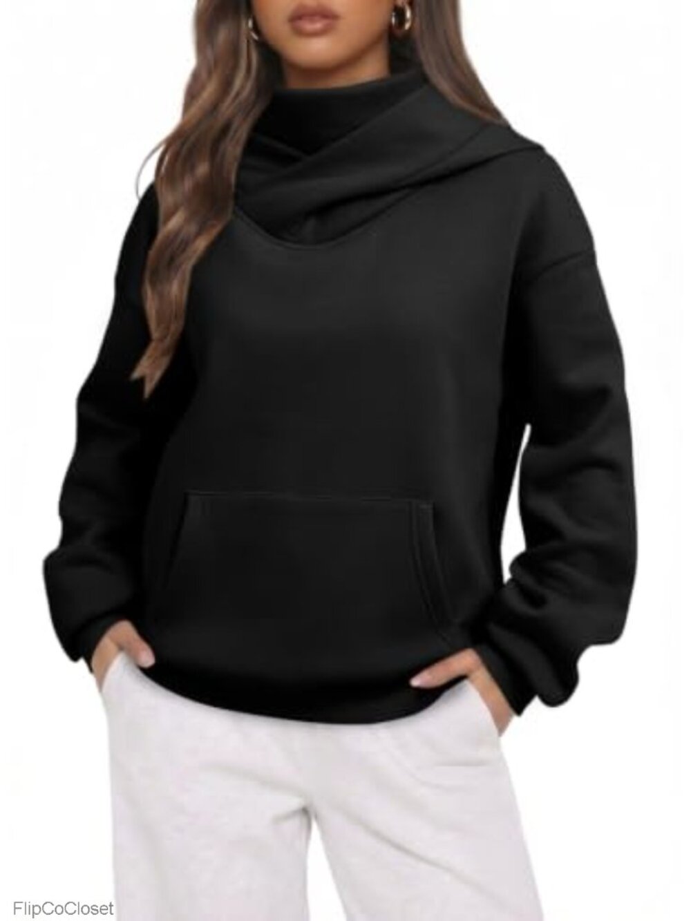 Oversized Mock Neck Fleece Lined Hoodie with Face Cover